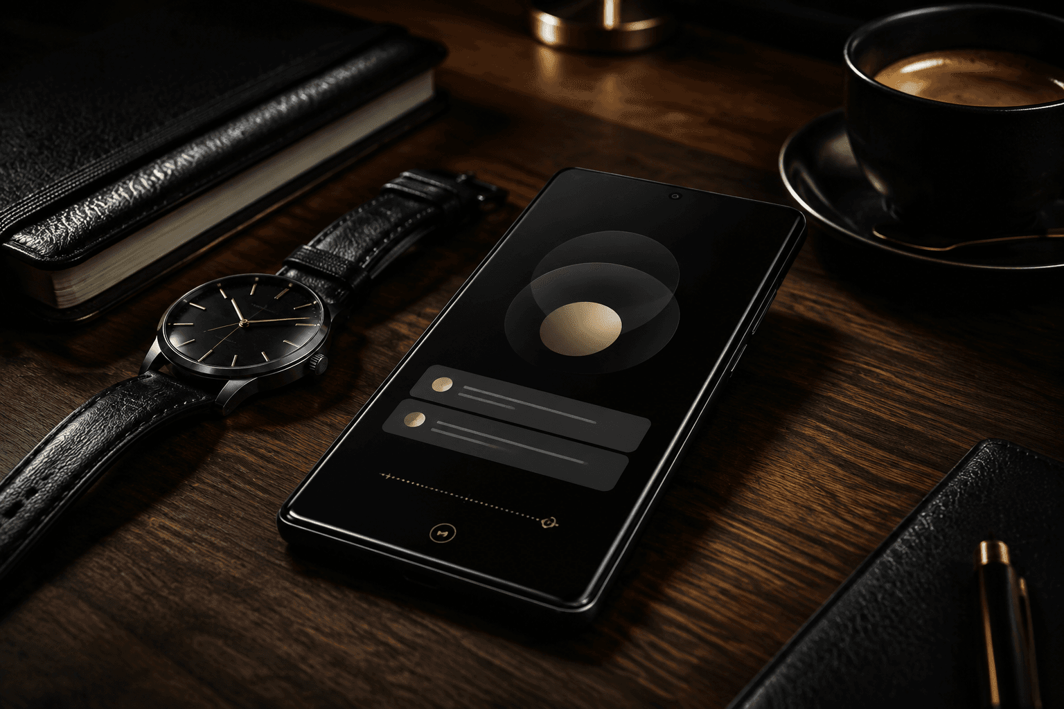 Dedicated smartphone command center on a dark executive desk